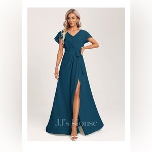 A-Line V-Neck Floor Length Chiffon Bridesmaid Dress Ink Blue JJHouse